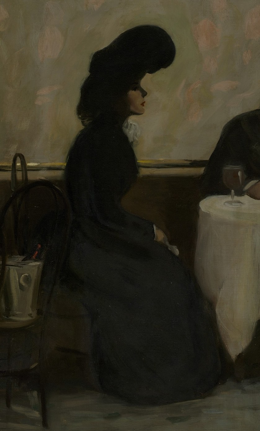 Her large hat and dark dress create a striking silhouette, and her profile view adds an air of mystery and detachment.