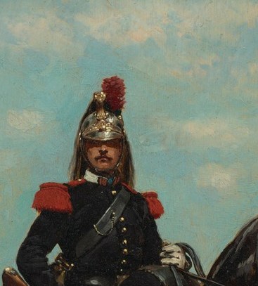 The elaborate helmet with its red plume signifies rank and military tradition, hinting at the officer's status and the era's military aesthetics.