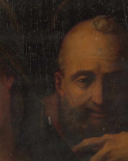 Older, rougher face set against the dark upper right; the age contrast with Mary underscores the generational protection dynamic of the Holy Family