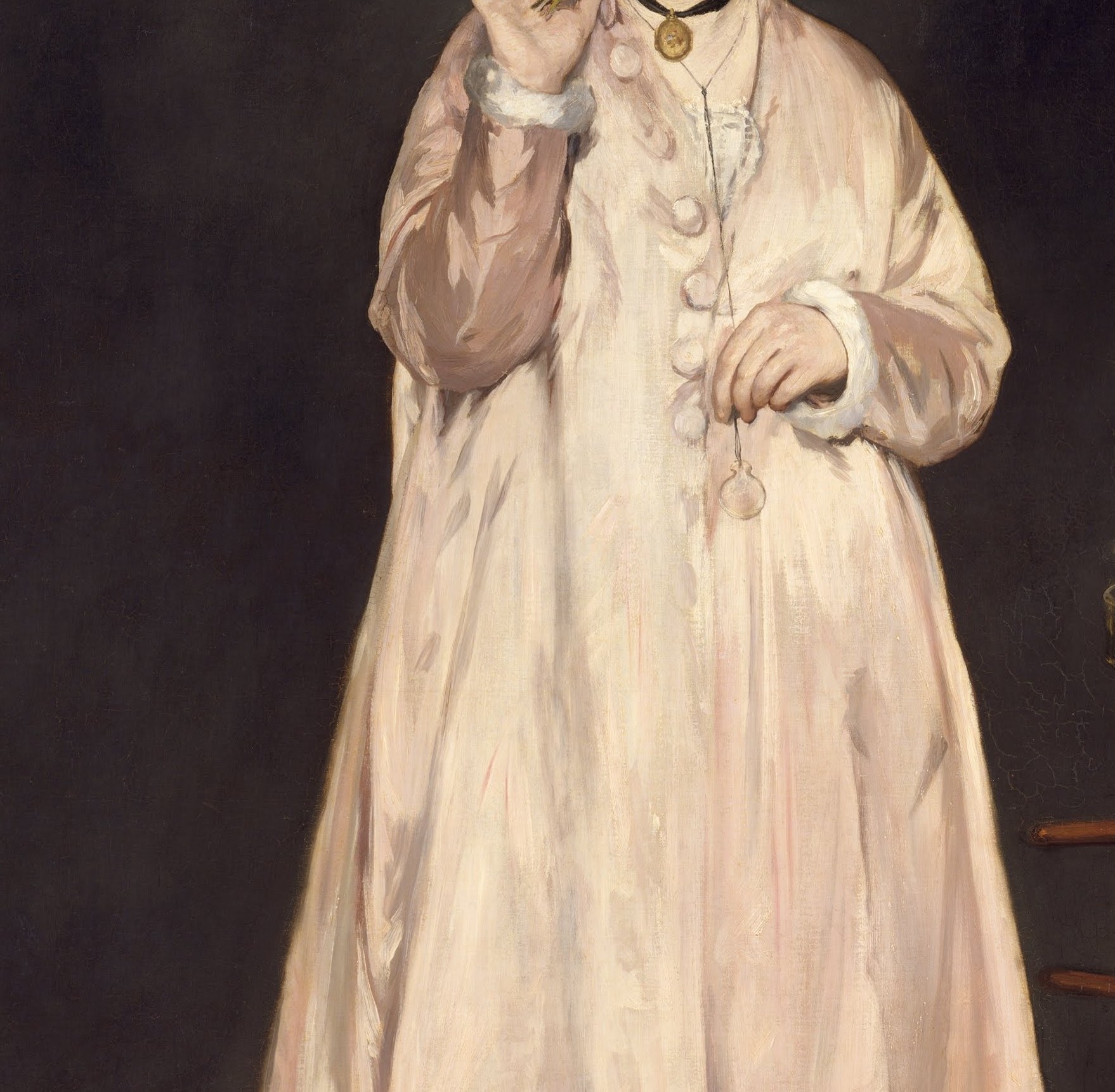 A technical bravura passage: Manet renders silk with loose, confident strokes that collapse academic finish into a distinctly modern touch , each mark does more work than convention demanded.