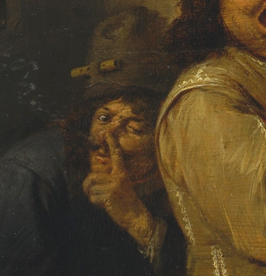 A close-up reveals near-theatrical distortion of features: this is one of 17th-century painting's most unguarded human expressions, virtuosic precisely because it is ugly.