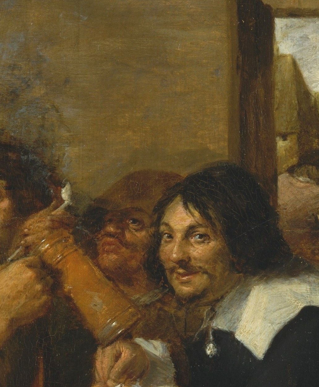 Better-dressed than his companions, his composed amusement signals a different social class slumming in tavern company , the contrast with the shouting man is the painting's social argument.