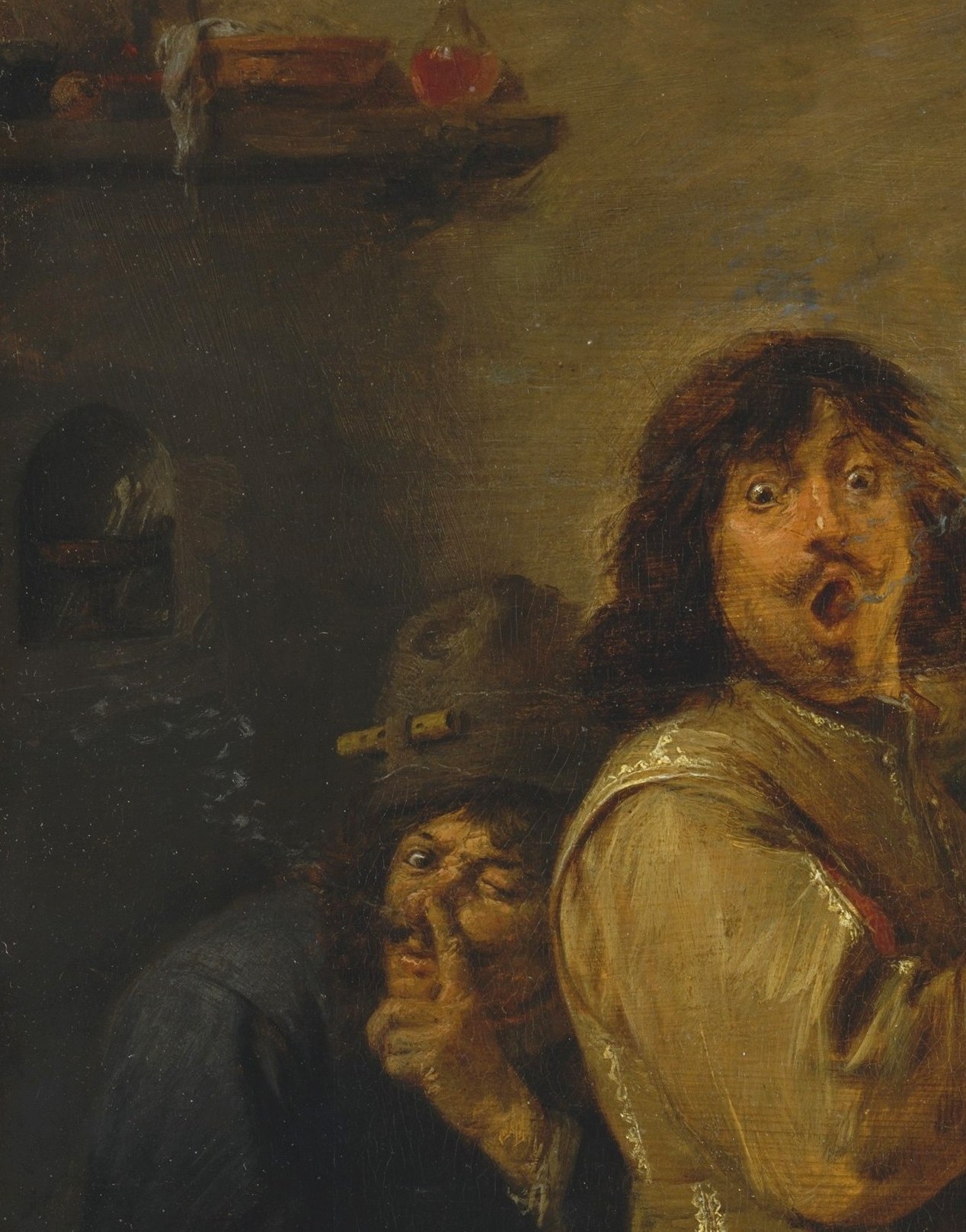 The painting's emotional core , an extreme open-mouth expression that sits on the edge of caricature and realism, almost certainly a self-portrait of Brouwer, who documented his own dissolution with dark humor.