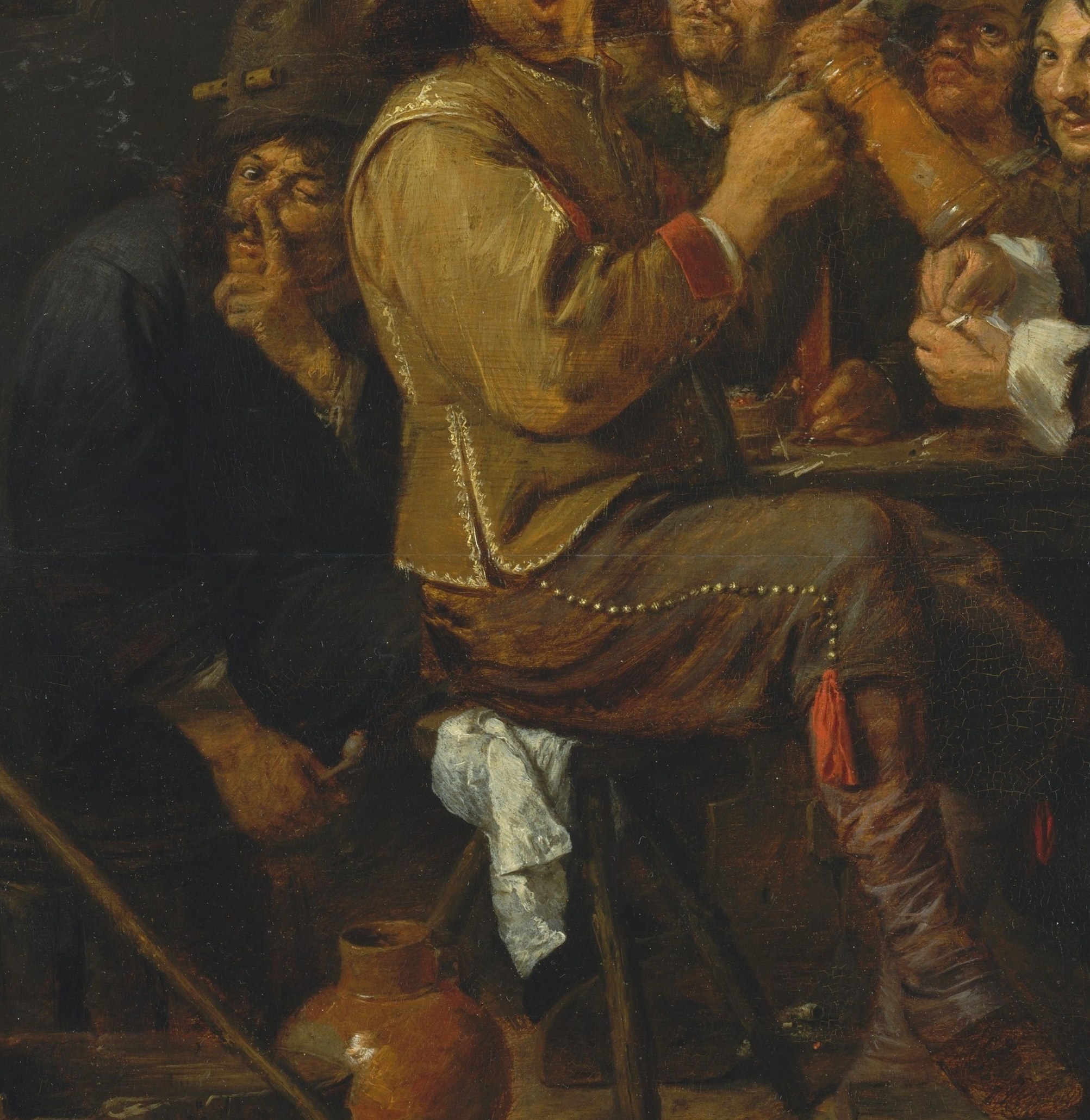 The warm brown tonality is not just Brouwer's palette but a pictorial simulation of tobacco haze , the medium imitates the subject, collapsing the distance between viewer and tavern.