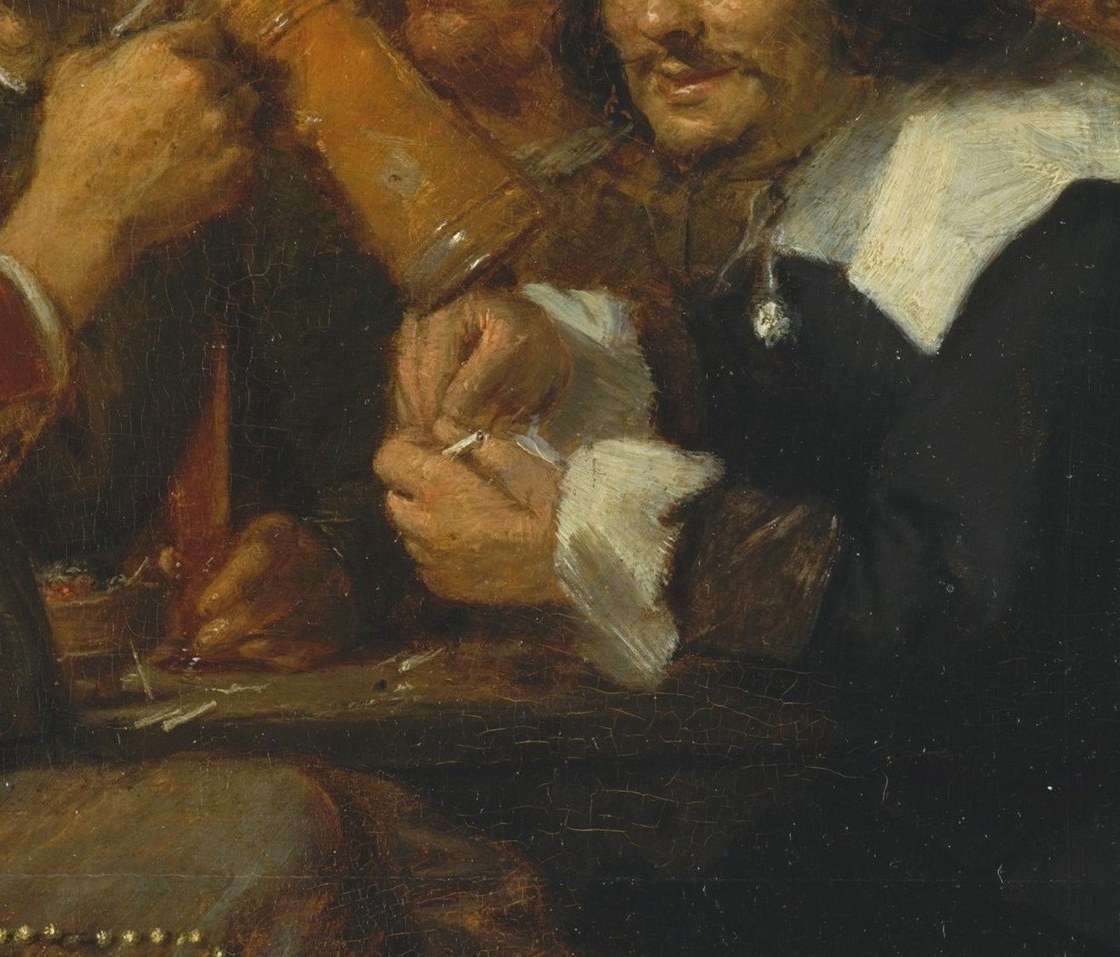 A legible status marker in one glance: refined linen among rough wool asks who exactly is visiting whom, and why the respectable man looks so pleased about it.