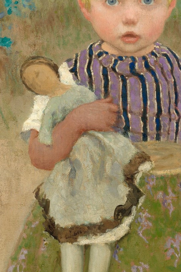 Held by the younger sister, the doll represents childhood innocence and play, a common motif in genre scenes.