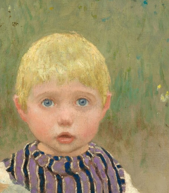 The younger sister stares out, holding her doll close.