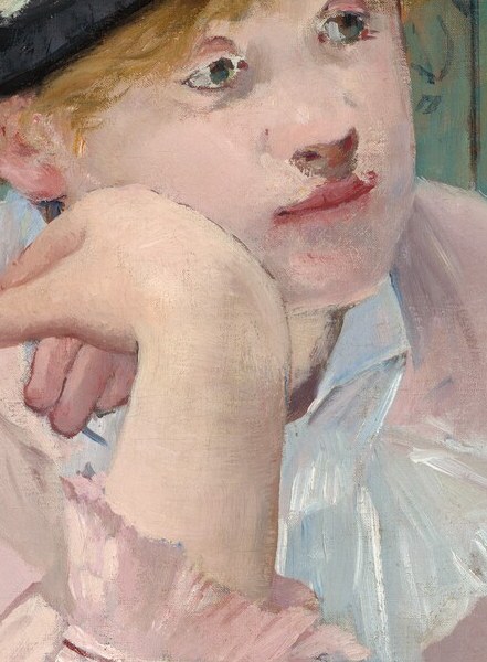 The classical pose of melancholy and waiting , she is suspended in time, neither drinking nor leaving, which Manet deliberately parallels with Degas' L'Absinthe figure.