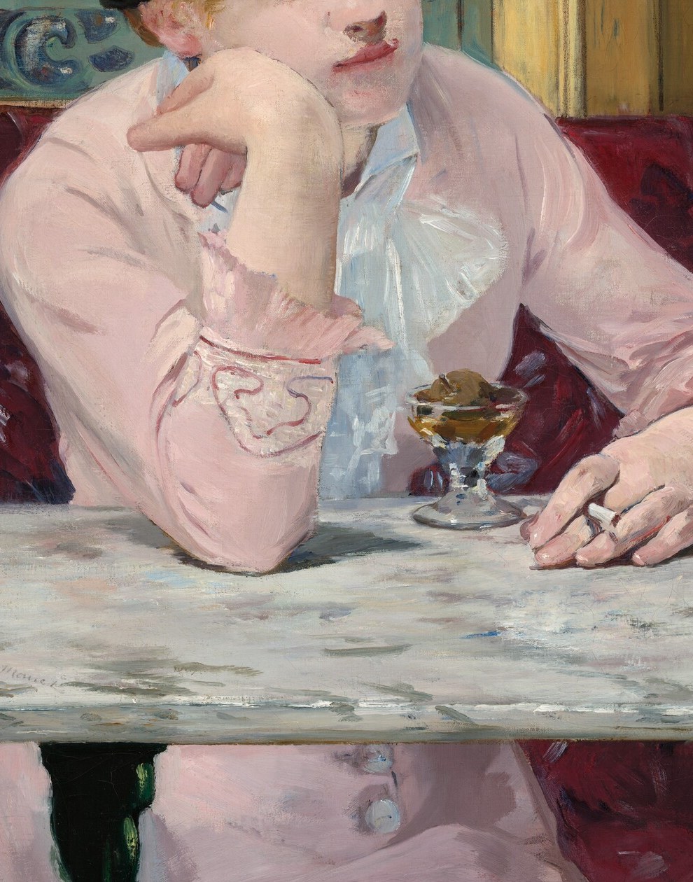 The soft, sketchy brushwork on the pink fabric , almost unfinished by academic standards , is Manet's painterly signature; it feels modern against the more resolved face.