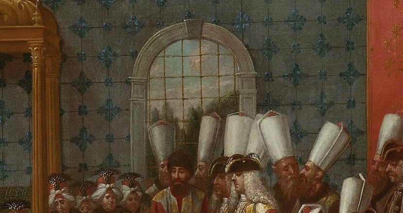 The Sultan, in gold, sits under a lavish gilded canopy.