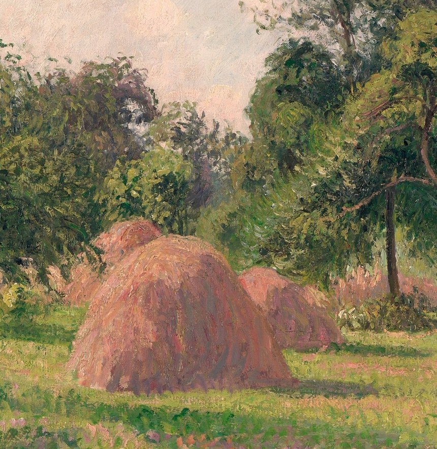 The compositional anchor , warm amber against cool greens; Pissarro's thick impasto records every layer of straw in visible ridges of paint.