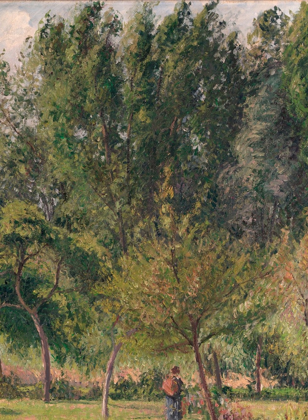 Pissarro's Neo-Impressionist comma strokes are most legible here , the canopy is built entirely of distinct dabs of multiple greens.
