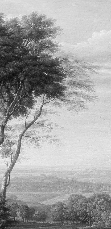The compositional fulcrum of the painting , a towering tree in the Claude Lorrain tradition that anchors sky to earth and splits the scene into landscape and narrative halves