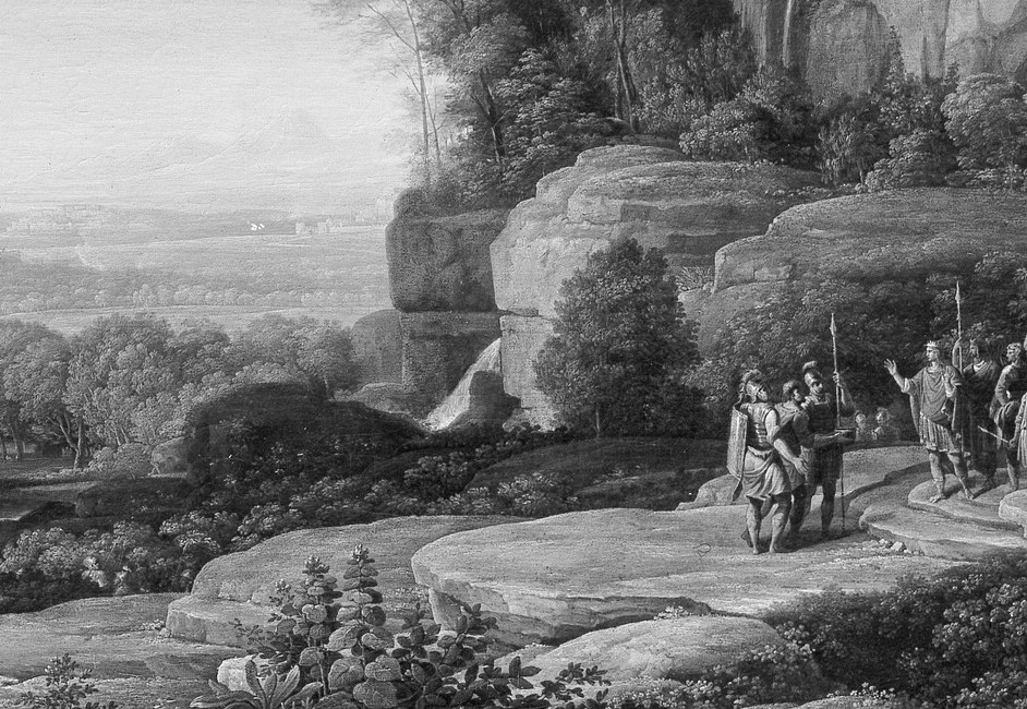 David's ragtag followers from 1 Samuel , disaffected men pledging loyalty , the core narrative moment rendered as a cluster of gesturing, turning figures