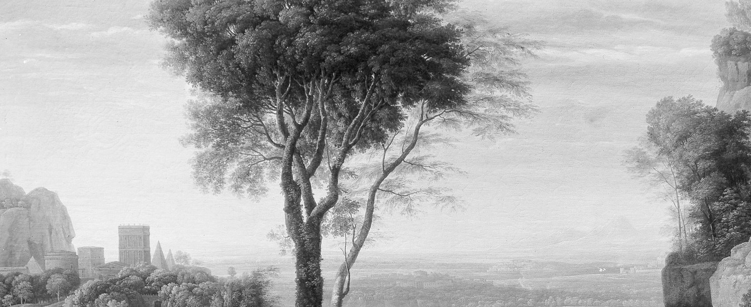 Atmospheric perspective pushes a vast open plain into the distance , the world David cannot yet claim , contrasting with the cave's enclosure to visualize his political exile