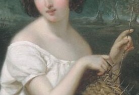 She meticulously weaves a basket, a quiet domestic scene.