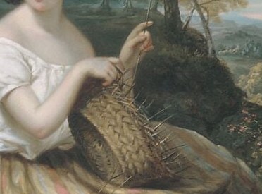 The intricate texture of the woven straw highlights the materiality of the work.