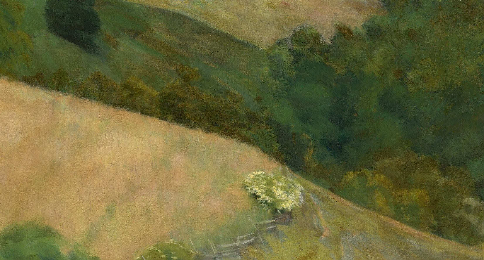 A dirt road winds through, disappearing towards a distant farm.