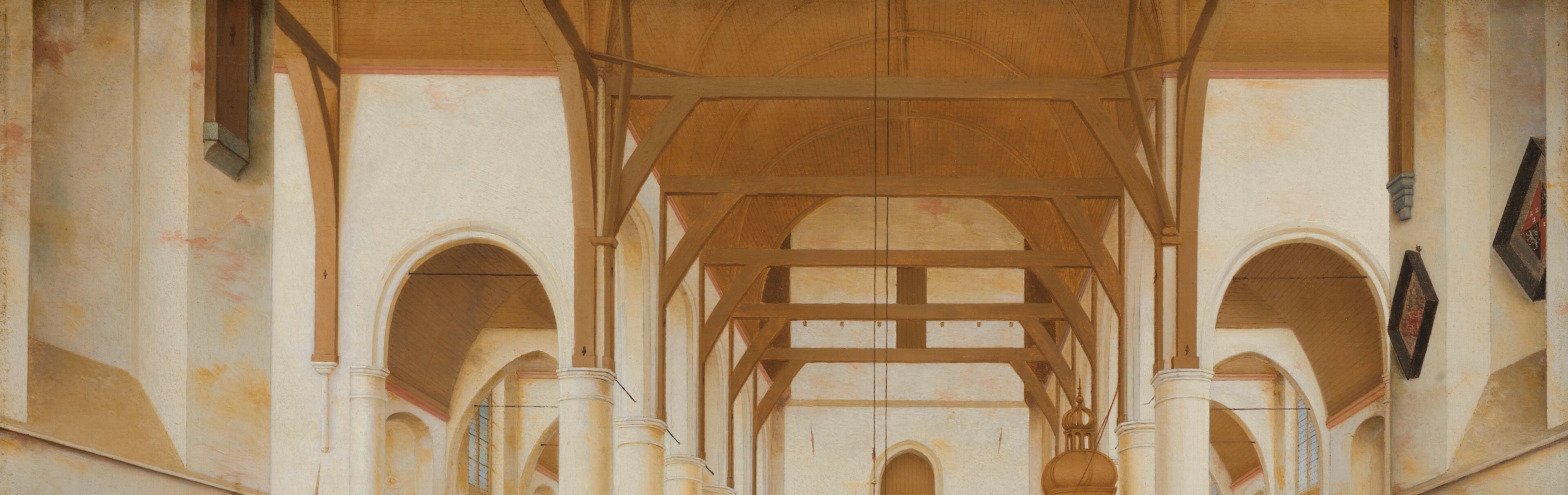 The intricate network of wooden beams creates a sense of depth and architectural grandeur, showcasing the craftsmanship.