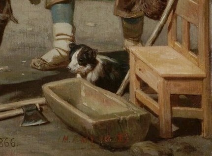 A dog watches by an old wooden chair.