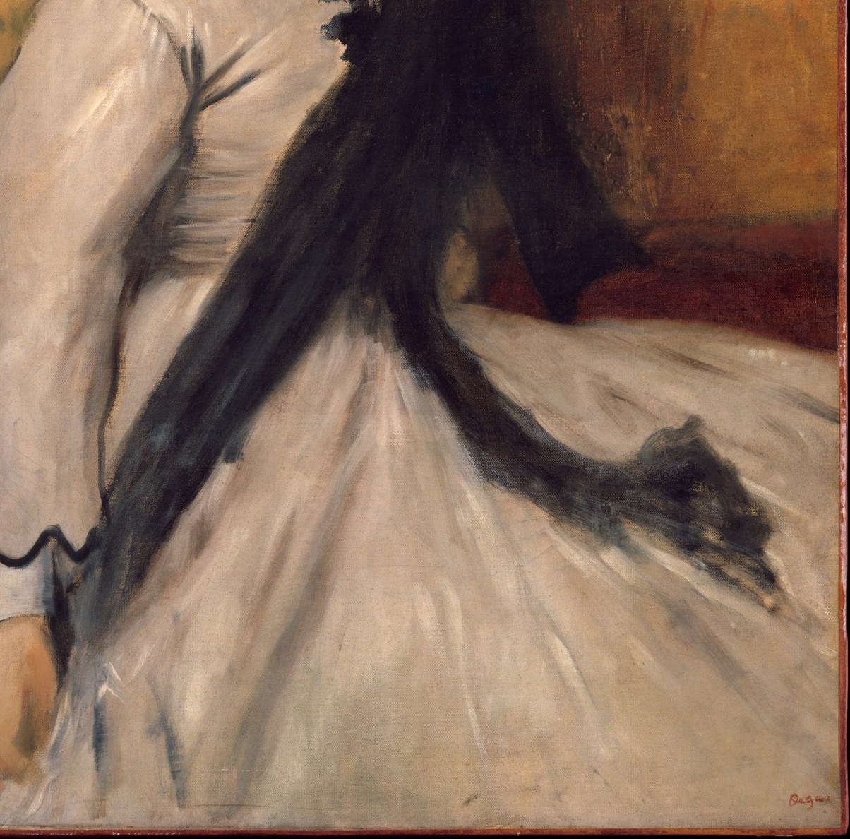 Her light gray dress shows the artist's loose brushstrokes.