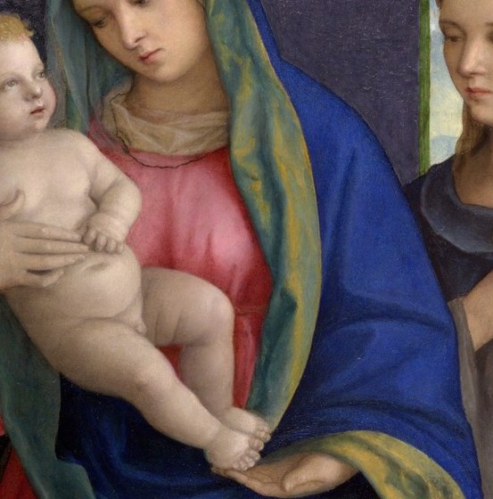 The infant turns and gestures toward his mother; the posture and touch encode the theological bond between humanity and the divine in a single glance.