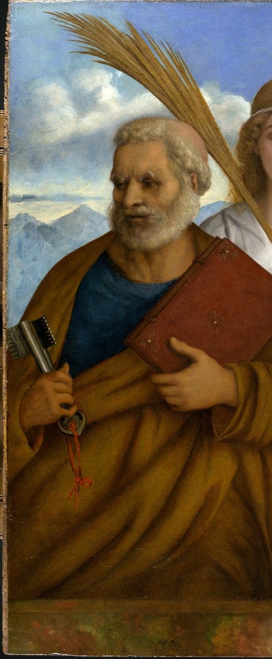 The oldest figure in the group; his attribute (staff or scroll) anchors his identity , likely an apostle or prophet whose age contrasts with the youthful Virgin.