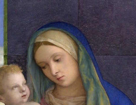 Bellini's idealized Venetian type , downcast gaze and soft modeling reward close inspection of the subtle shading from forehead to chin.