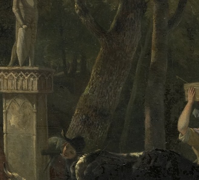 Shepherds and animals gather at a communal stone fountain.