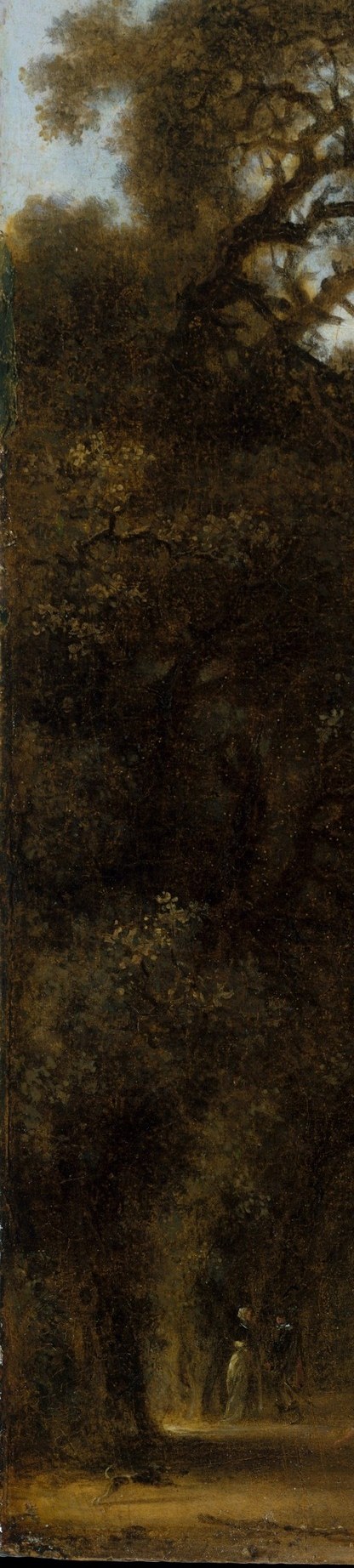 The painting's dominant vertical anchor , rough bark texture and near-black shadow make it the darkest fixed point in the composition, setting the key of the entire tonal range.