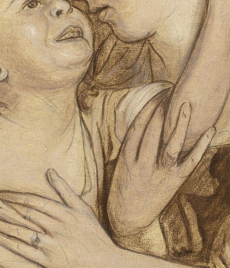 She cradles one child, while another stands close.