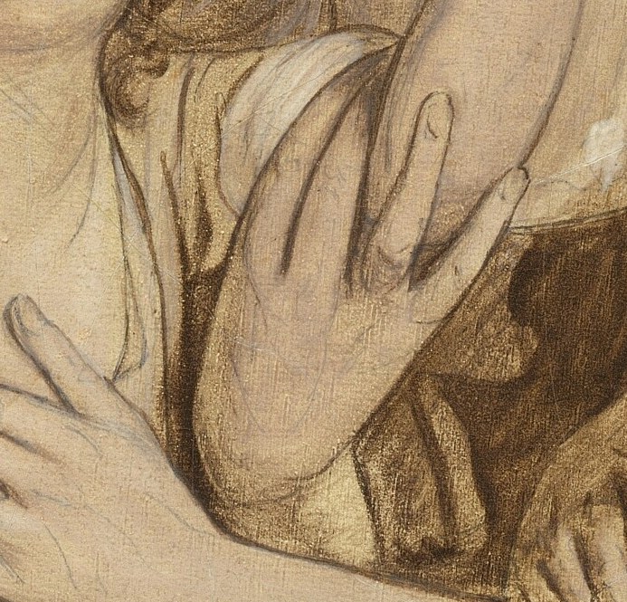 The mother's gentle hand protects the infant.