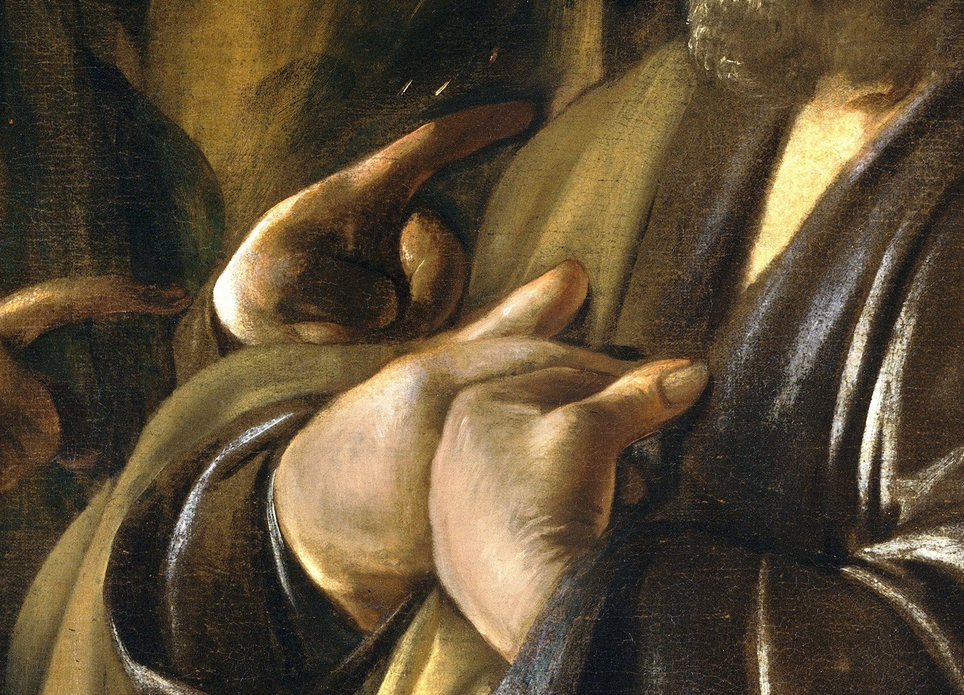 The body confesses before the mouth does , the self-protective cross of the arms is the most telling gesture in the composition.