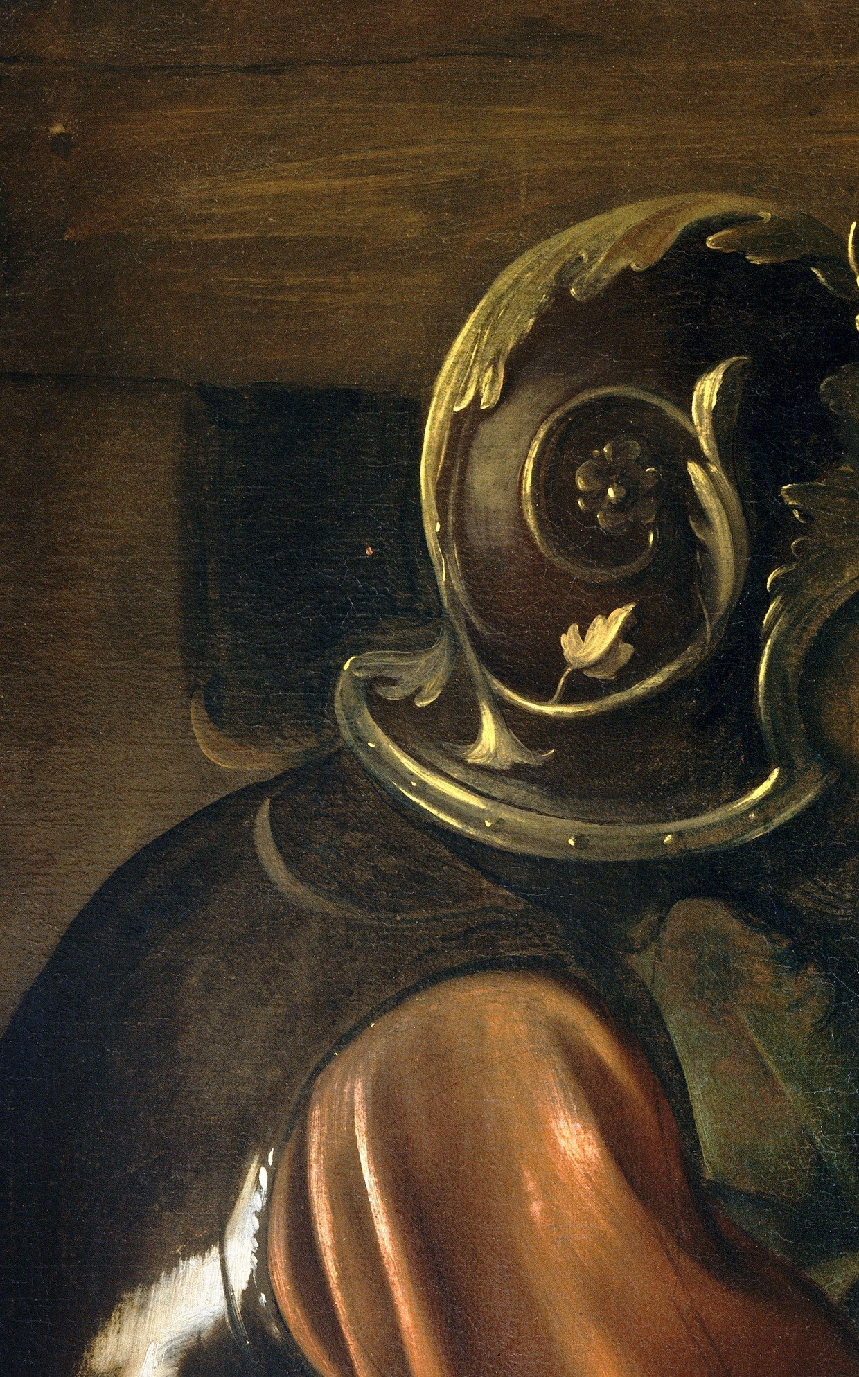 A tour de force of Baroque metallic rendering , polished steel catching unseen light, Roman authority rendered as cold hard surface against warm flesh.