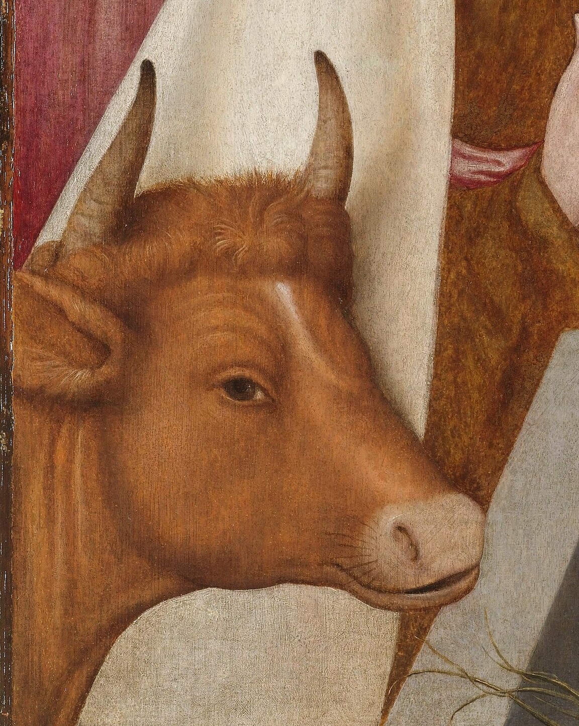 Its gentle gaze and presence add a touch of earthly warmth and domesticity to the sacred scene.