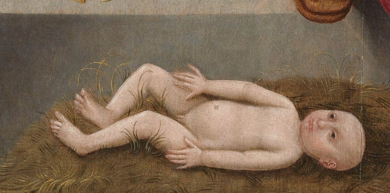 Two women kneel by the infant Jesus.