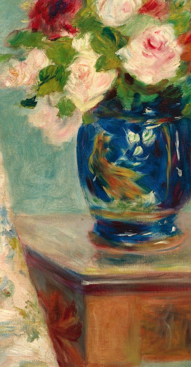 Notice the blue and white vase beside her.