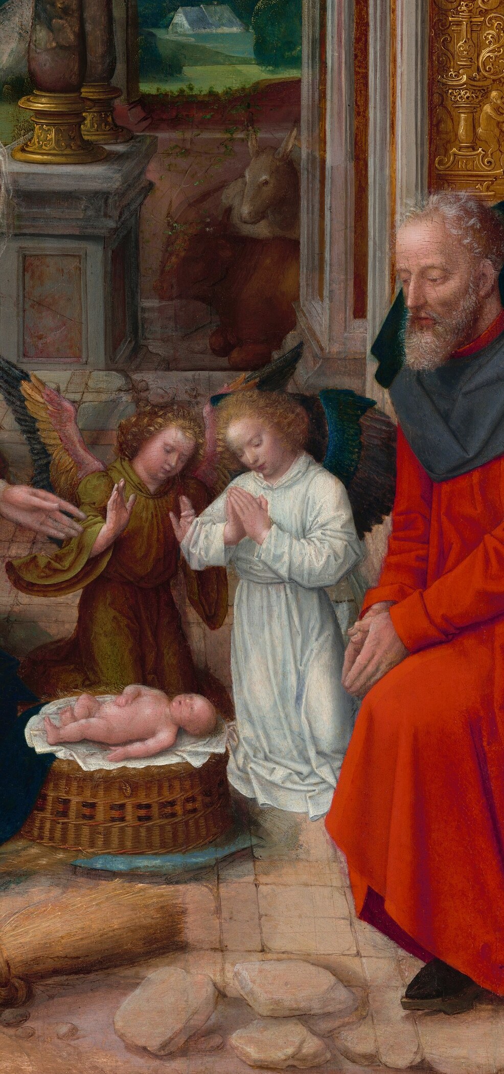 The shepherds wear contemporary Flemish clothing.