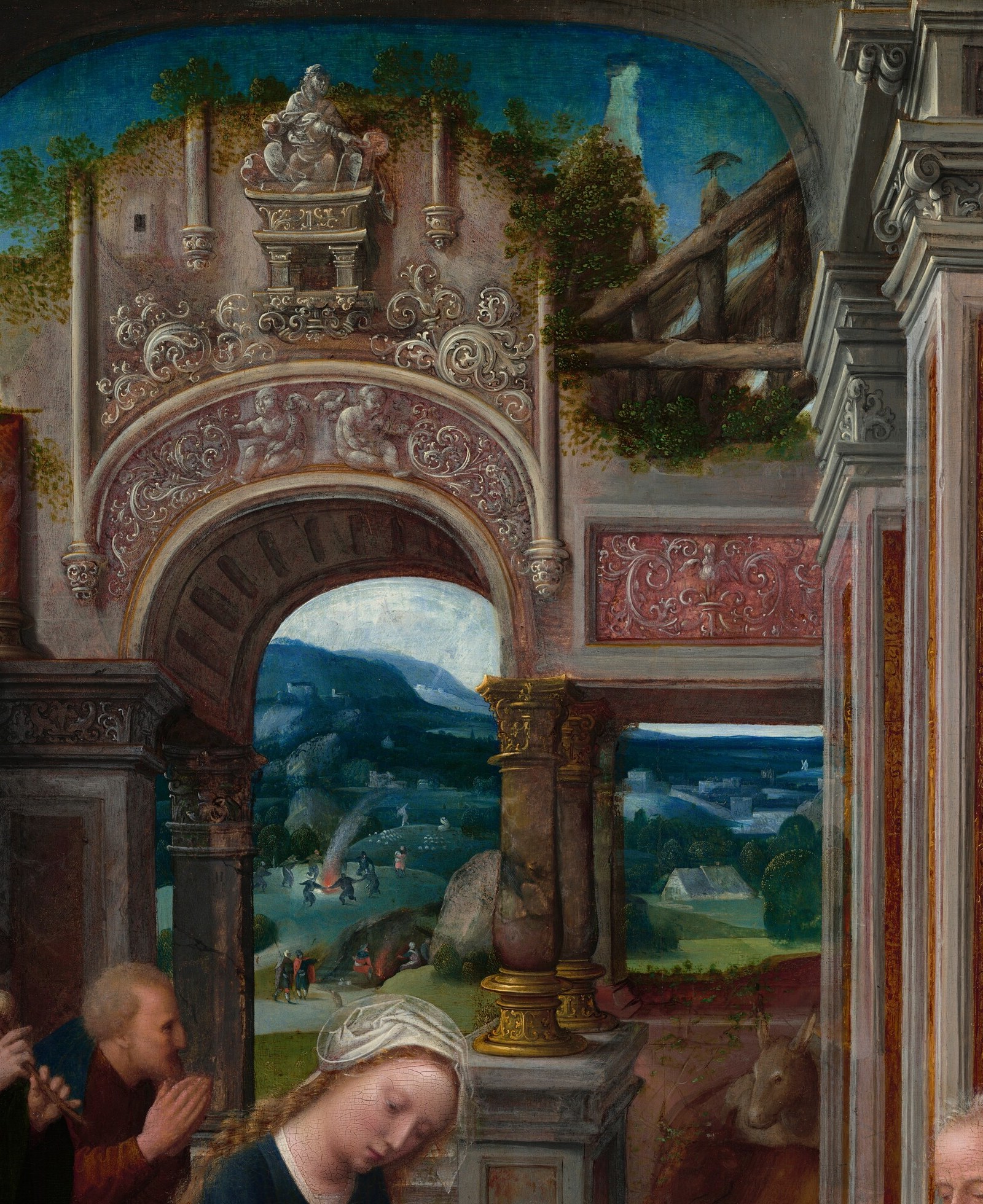 Through this Roman arch, a detailed landscape unfolds.