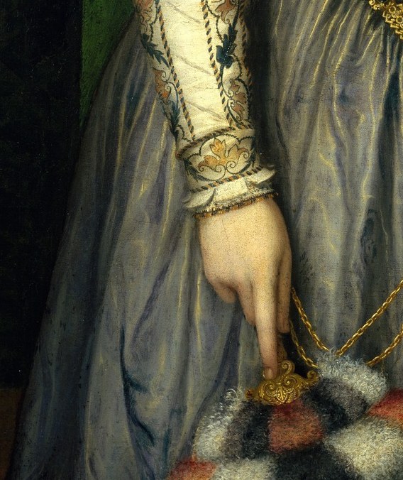 But there is a second dog, held at her hand. A doubled symbol of domestic virtue.