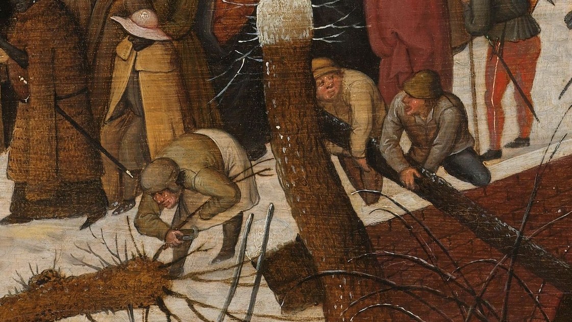 Villagers chop wood, showing the harsh realities of winter.