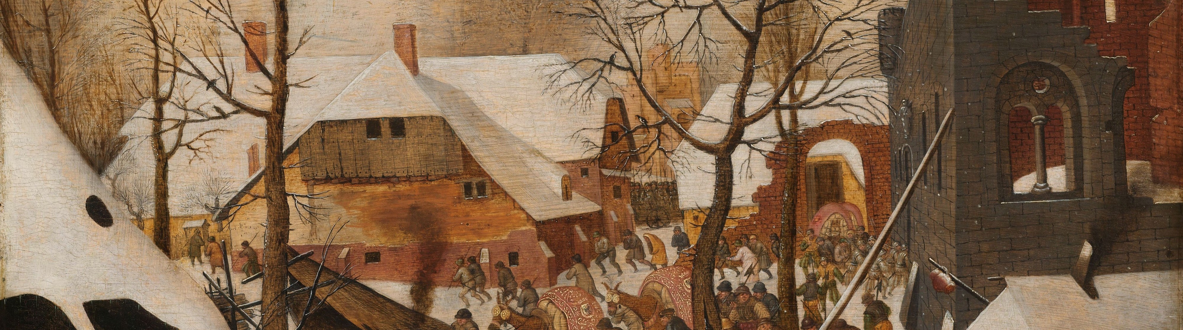 The detailed depiction of a Flemish village blanketed in snow sets the scene and evokes the harshness of winter.