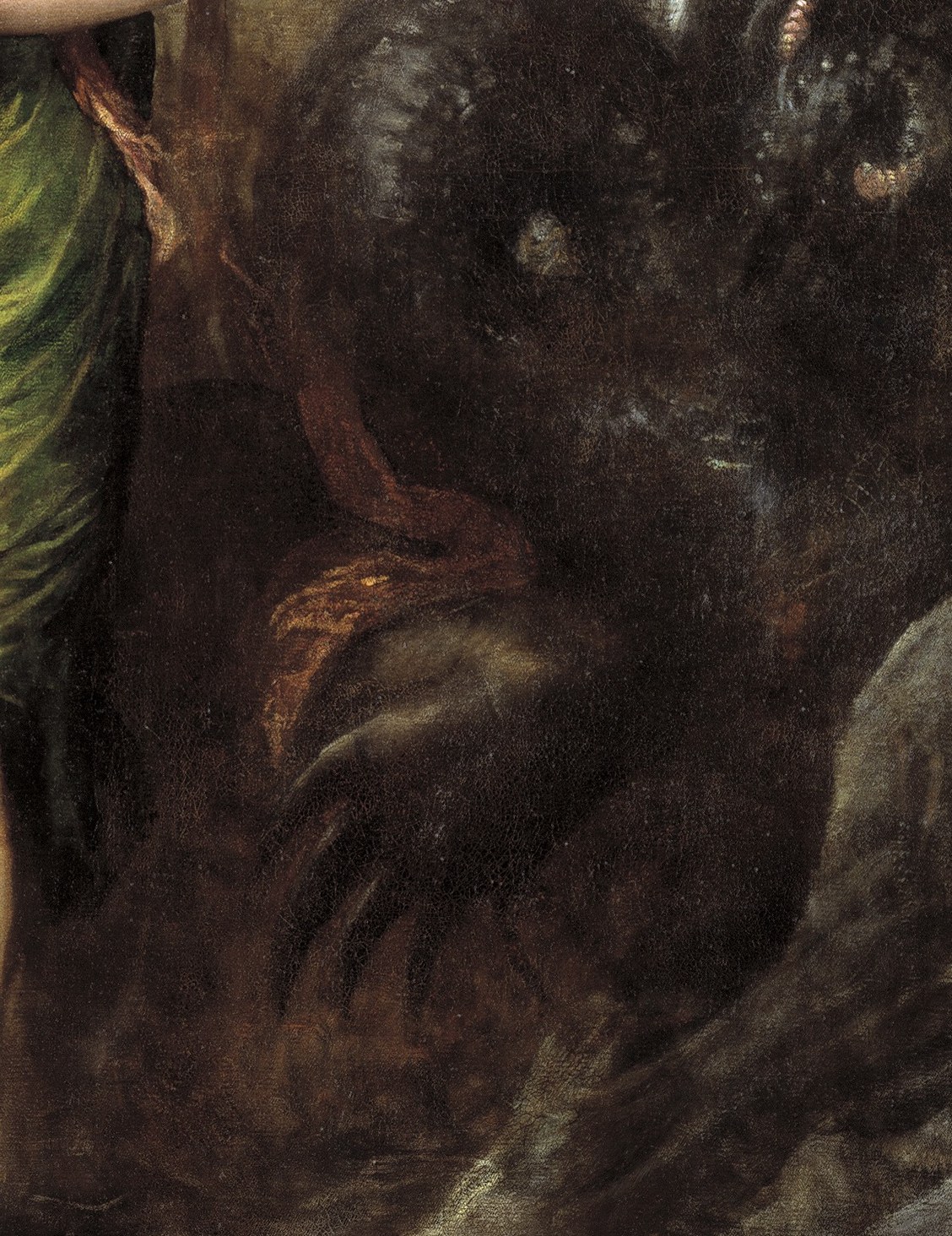 The dragon, a powerful symbol of evil, looms in shadow.