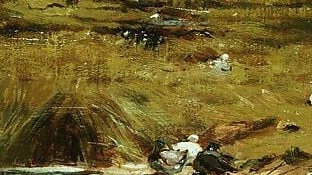 Two egrets feed at the water's edge. Smillie painted them from life.