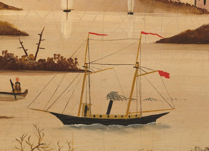 A lone sailboat and a steamship share the water.