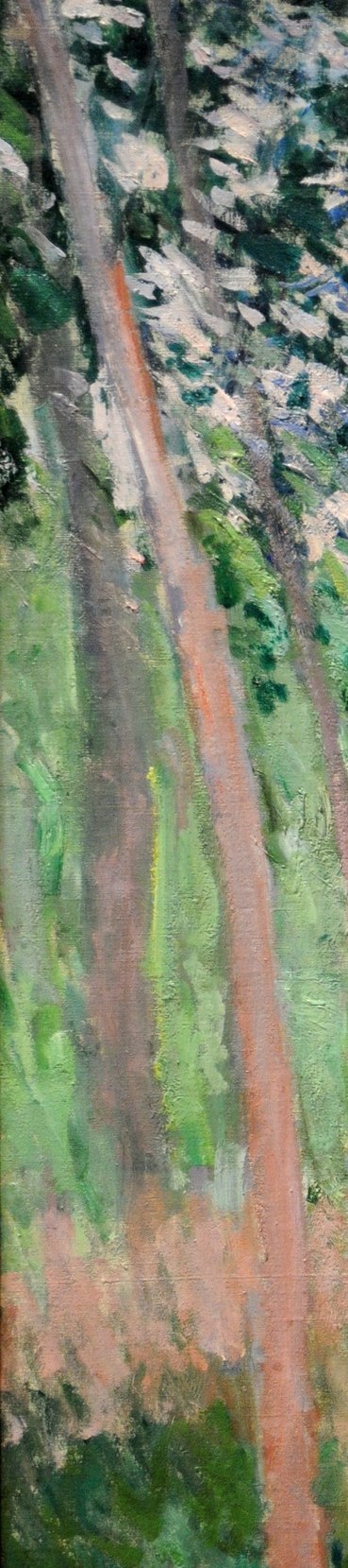 Likely poplar or birch saplings , their verticality frames the figure and echoes Monet's Poplars series painted the same decade at Giverny.