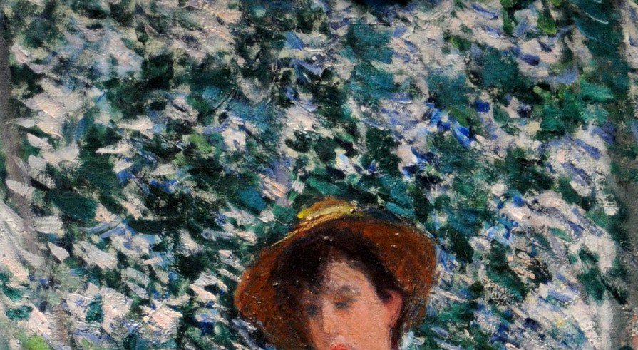 The hat casts a shadow that partly veils her face, a compositional device Monet uses repeatedly with Hoschedé women to soften and poeticize the portrait.