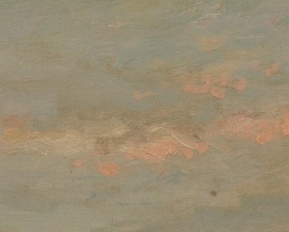 The single human-made landmark in the composition, perched on the horizon; its tiny scale against the sky emphasizes the vastness of the river valley and serves as the painting's implied narrative center.