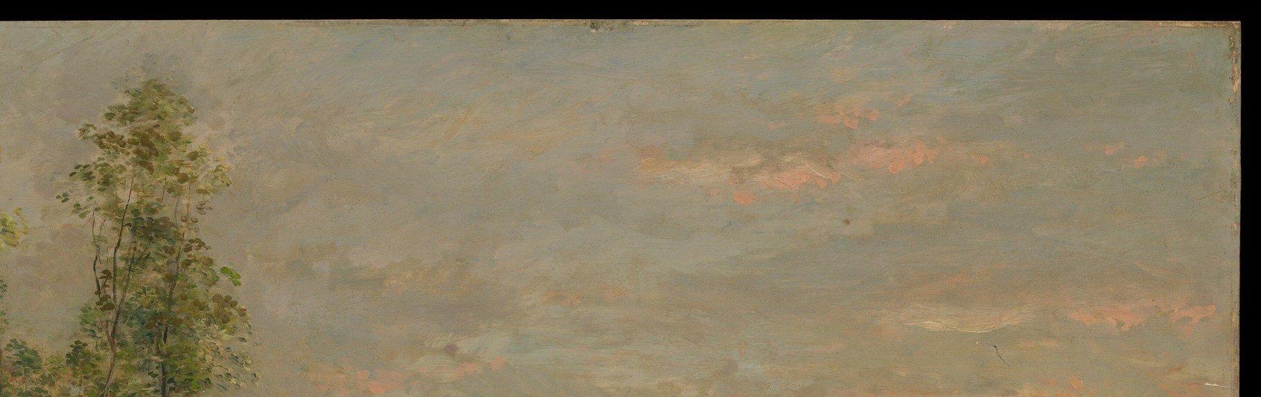 The dominant light source , a soft amber-to-grey gradation that anchors the entire mood of the painting; Daubigny's loose brushwork makes the transition feel atmospheric rather than illustrative.