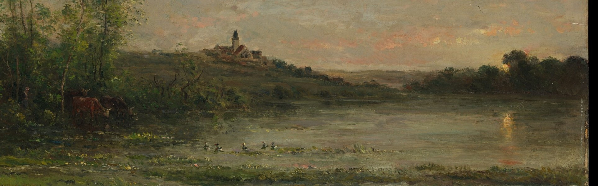 The river mirrors the pale sky, creating a horizontal band of still light; Daubigny's broken brushstrokes suggest gentle ripples without disrupting the serenity , a signature technique from his studio-boat period.